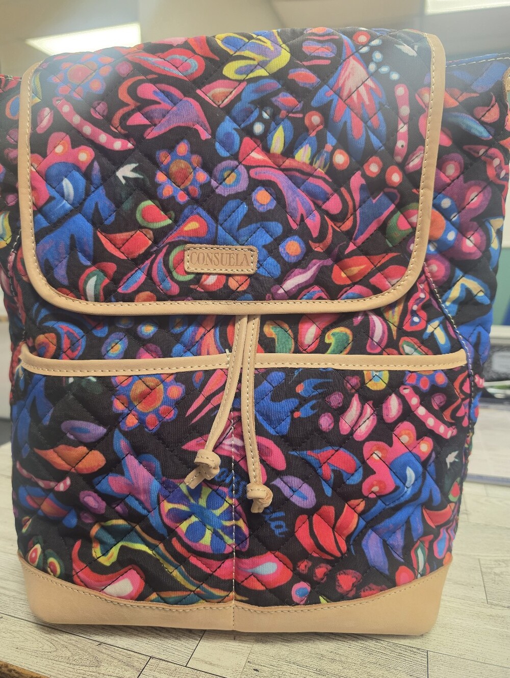 Consuela Vibrant Multicolor Quilted Backpack with Tan Trim
